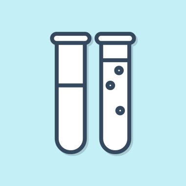 Mavi çizgi test tüpü ve matara kimyasal test ikonu mavi arka planda izole edildi. Laboratuvar cam levhası. Vektör İllüstrasyonu