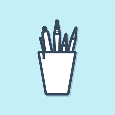 Mavi çizgi Kalem kasa kırtasiye simgesi mavi arka plan üzerinde izole. Kalem, kalem, ofis için bir bardak cetvel. Vektör İllüstrasyonu