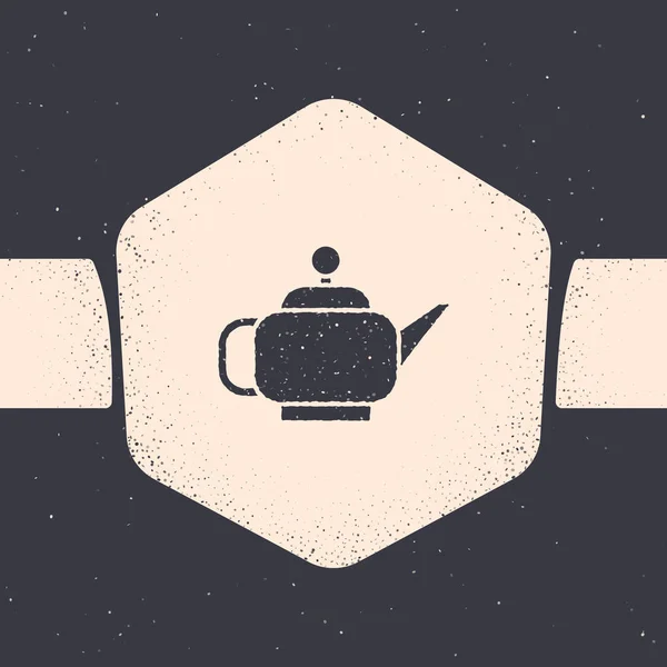 Grunge Hagyományos japán teaszertartás ikon elszigetelt szürke háttérrel. Teáskanna csészével. Monokróm vintage rajz. Vektorillusztráció — Stock Vector