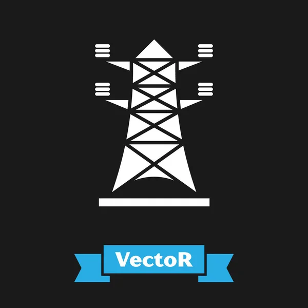 Torre eléctrica blanca utilizada para soportar un icono de la línea aérea aislado sobre fondo negro. Línea de poste de alta tensión. Ilustración vectorial — Vector de stock