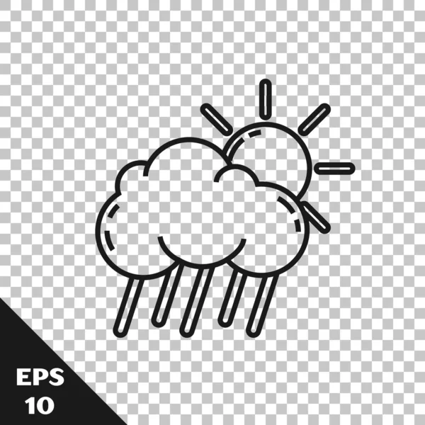 Black line Cloud with rain and sun icon isolated on transparent background. Rain cloud precipitation with rain drops.  Vector Illustration