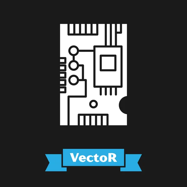 Weiße elektronische Computerkomponenten Motherboard Digitalchip integrierte Wissenschaft Symbol isoliert auf schwarzem Hintergrund. Leiterplatte. Vektorillustration — Stockvektor