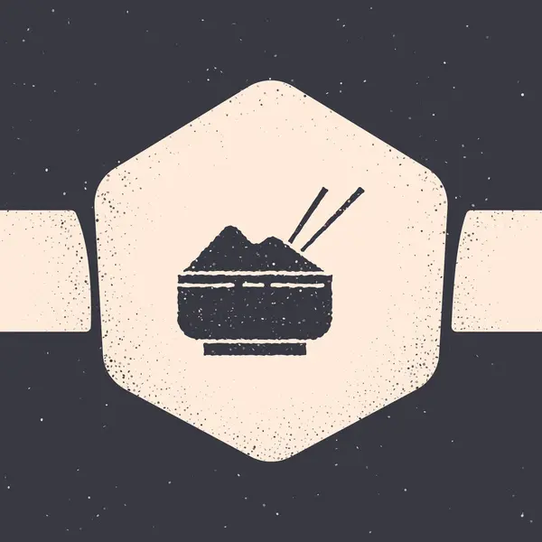 Grunge rýže v misce s hůlkou ikona izolované na šedém pozadí. Tradiční asijské jídlo. Černobílý vinobraní. Vektorová ilustrace — Stockový vektor