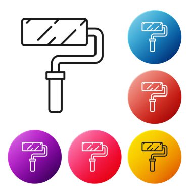 Beyaz arkaplanda siyah çizgi boyalı fırça ikonu izole edildi. Renkli daire düğmelerini ayarlayın. Vektör İllüstrasyonu