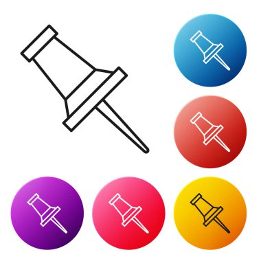 Beyaz arka planda yalıtılmış siyah çizgi Push pin simgesi. Raptiyeler işareti. Simgeleri renkli daire düğmeleri ayarlayın. Vektör İllüstrasyonu