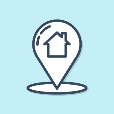 Mavi arkaplanda ev simgesi olan mavi çizgi haritası işaretçisi. Ev konumu belirleyici sembol. Vektör İllüstrasyonu