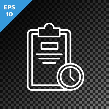 Saydam koyu arkaplan üzerinde saat simgesi olan beyaz çizgi sınav kağıdı. Sınav kağıdı, sınav ya da araştırma konsepti. Sınav ya da sınav. Vektör İllüstrasyonu