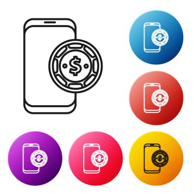 Siyah çizgi Online poker masası simgesi beyaz arkaplanda izole edildi. İnternetteki kumarhane. Renkli daire düğmelerini ayarlayın. Vektör İllüstrasyonu