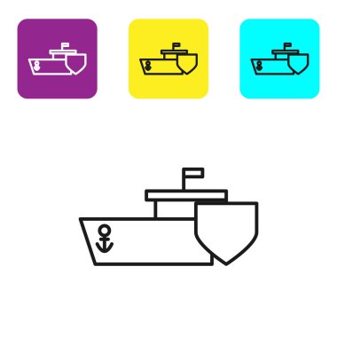 Beyaz zemin üzerinde kalkan simgesi olan siyah çizgi gemisi. Sigorta konsepti. Güvenlik, güvenlik, koruma, konsept koruma. Renkli kare düğmeleri ayarlayın. Vektör İllüstrasyonu