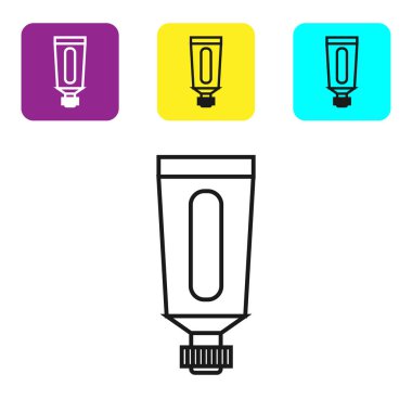 Beyaz arka planda siyah çizgi kremi ya da losyon kozmetik tüp ikonu izole edilmiş. Erkekler için vücut bakım ürünleri. Renkli kare düğmeleri ayarlayın. Vektör İllüstrasyonu