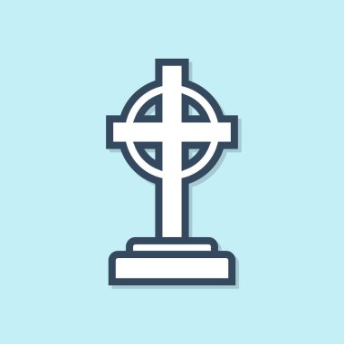 Mavi çizgi Tombstone mavi arka planda çapraz simge izole. Mezar ikonu. Vektör İllüstrasyonu