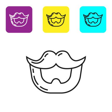 Beyaz arka planda siyah çizgi bıyık ve sakal simgesi var. Berber dükkanı sembolü. Yüz kılı stili. Renkli kare düğmeleri ayarlayın. Vektör İllüstrasyonu