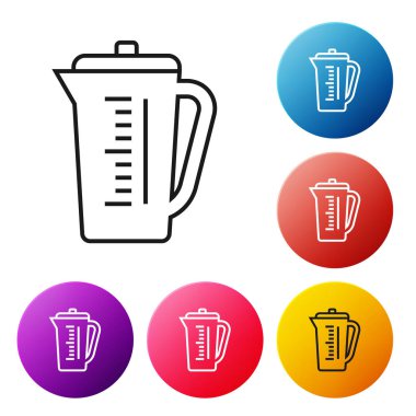 Black line Measuring cup to measure dry and liquid food icon isolated on white background. Plastic graduated beaker with handle. Set icons colorful circle buttons. Vector Illustration