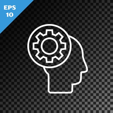 Beyaz çizgi insan kafası ve simgenin içindeki teçhizat şeffaf koyu arkaplanda izole edilmiş. Yapay zeka. Beyin işaretini düşünüyorum. Beynin sembol çalışması. Vektör İllüstrasyonu