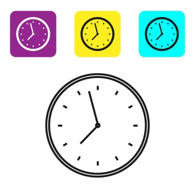 Beyaz arka planda yalıtılmış siyah çizgi Saat simgesi. Zaman sembolü. Simgeleri renkli kare düğmeleri ayarlayın. Vektör İllüstrasyonu