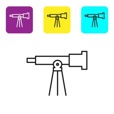 Siyah çizgi Teleskop simgesi beyaz arkaplanda izole edildi. Bilimsel bir alet. Eğitim ve astronomi elementi, dürbün ve çalışma yıldızları. Renkli kare düğmeleri ayarlayın. Vektör İllüstrasyonu
