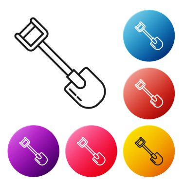 Siyah çizgi Shovel simgesi beyaz arka plan üzerinde izole. Bahçıvanlık aleti. Bahçecilik, tarım, tarım için bir araç. Simgeleri renkli daire düğmeleri ayarlayın. Vektör İllüstrasyonu