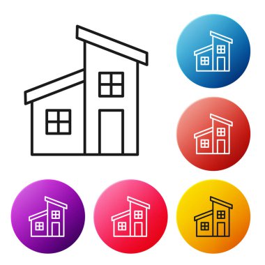 Beyaz arka planda siyah çizgi ev simgesi izole edildi. Ev sembolü. Renkli daire düğmelerini ayarlayın. Vektör İllüstrasyonu