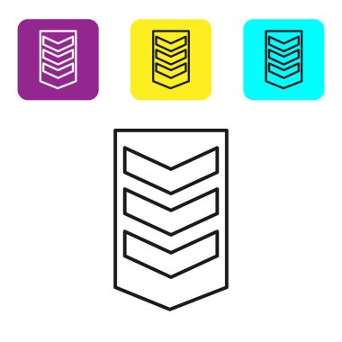 Siyah çizgi askeri rütbe simgesi beyaz arka planda izole edildi. Askeri rozet işareti. Renkli kare düğmeleri ayarlayın. Vektör İllüstrasyonu