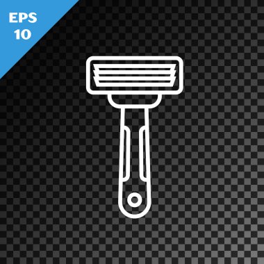 Beyaz çizgili tıraş makinesi simgesi, şeffaf koyu arkaplanda izole edilmiş. Vektör İllüstrasyonu