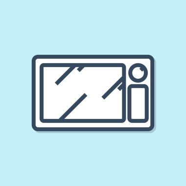 Mavi çizgi mikrodalga fırın ikonu mavi arkaplanda izole edildi. Ev aletleri simgesi. Vektör İllüstrasyonu