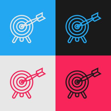 Renk arkaplanı üzerinde ok simgesi olan renk çizgisi Hedefi. Dart tahtası işareti. Okçuluk tahtası simgesi. Dartboard işareti. İş hedefi kavramı. Klasik tarzda çizim. Vektör İllüstrasyonu
