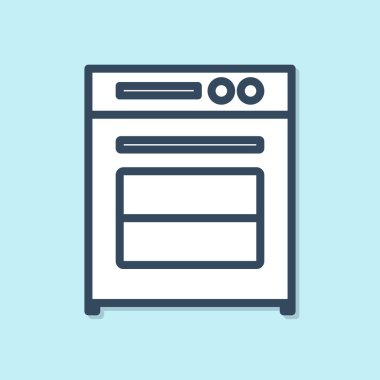 Mavi çizgi fırın simgesi mavi arkaplanda izole edildi. Fırın tabelası. Vektör İllüstrasyonu