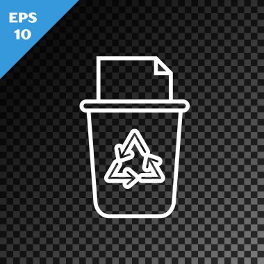 Geri dönüşüm sembolü simgesi olan beyaz çizgi geri dönüşüm kutusu şeffaf koyu arkaplanda izole edildi. Çöp kutusu simgesi. Çöp kutusu tabelası. Geri dönüşüm sepeti işareti. Vektör İllüstrasyonu