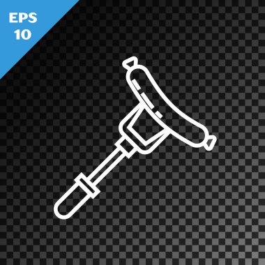 Çatal simgesindeki beyaz çizgi sosis şeffaf koyu arkaplanda izole edilmiş. Izgara sosis ve aroma işareti. Vektör İllüstrasyonu