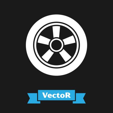 Beyaz Araba Tekerleği simgesi siyah arkaplanda izole edildi. Vektör İllüstrasyonu