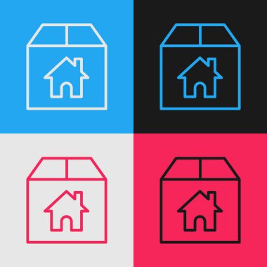 Renk arkaplanında ev sembolü simgesi olan renkli karton kutu. Kutu, paket, paket işareti. Teslimat, ulaşım ve nakliye. Klasik tarzda çizim. Vektör İllüstrasyonu