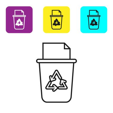 Beyaz arkaplanda izole edilmiş geri dönüşüm sembolü simgesi olan siyah çizgi geri dönüşüm kutusu. Çöp kutusu simgesi. Çöp kutusu tabelası. Geri dönüşüm sepeti işareti. Renkli kare düğmeleri ayarlayın. Vektör İllüstrasyonu