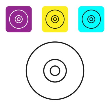 Siyah çizgi CD veya Dvd disk simgesi beyaz arkaplanda izole edildi. Küçük disk işareti. Renkli kare düğmeleri ayarlayın. Vektör İllüstrasyonu