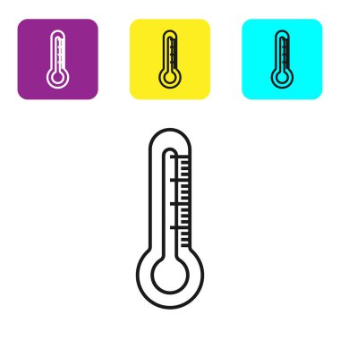 Beyaz arkaplanda siyah çizgi termometre simgesi izole edildi. Renkli kare düğmeleri ayarlayın. Vektör İllüstrasyonu