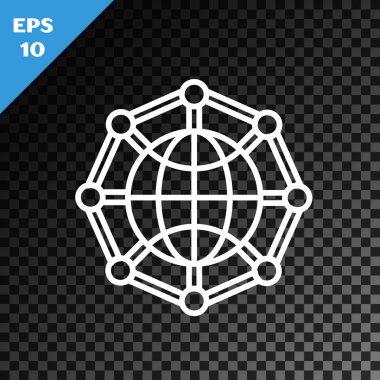 Beyaz çizgi Global teknolojisi veya sosyal ağ simgesi şeffaf karanlık arka planda izole edildi. Vektör İllüstrasyonu