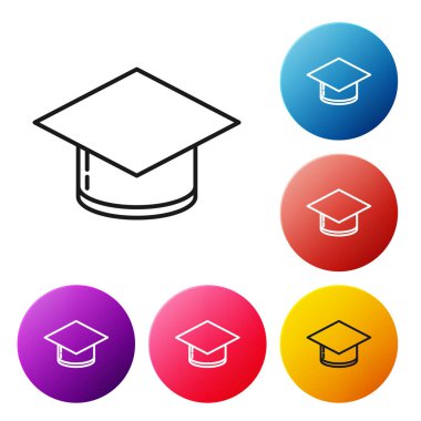 Siyah çizgi mezuniyet başlığı simgesi beyaz arkaplanda izole edildi. Tassel ikonlu mezuniyet şapkası. Renkli daire düğmelerini ayarlayın. Vektör İllüstrasyonu