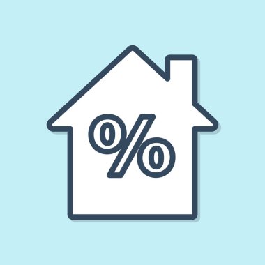 Mavi Çizgili Ev mavi arka planda izole edilmiş indirimli etiket simgesine sahip. Evin yüzdesi tabela fiyatı. Emlak evi. Vektör İllüstrasyonu