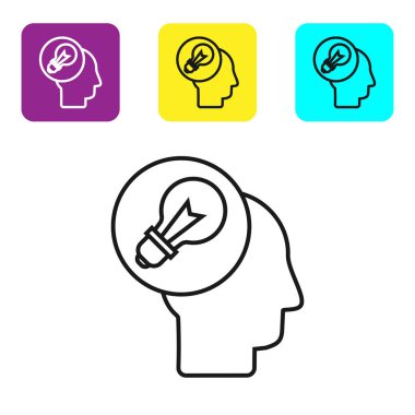 Beyaz arka planda izole lamba ikonu olan siyah çizgi insan kafası. Renkli kare düğmeleri ayarlayın. Vektör İllüstrasyonu