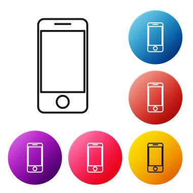 Siyah çizgi mobil akıllı telefon beyaz arkaplanda izole edilmiş uygulama dağıtım ikonu. Paket takibi. Renkli daire düğmelerini ayarlayın. Vektör İllüstrasyonu