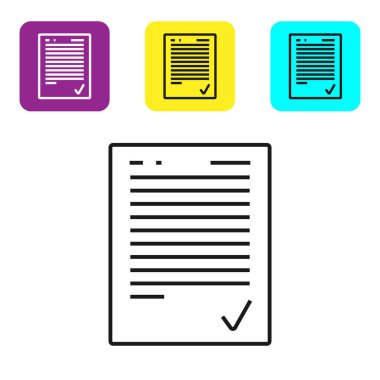 Beyaz arkaplanda işaretleme simgesi olan siyah çizgi sınav kağıdı. Sınav kağıdı, sınav ya da araştırma konsepti. Sınav ya da sınav. Renkli kare düğmeleri ayarlayın. Vektör İllüstrasyonu