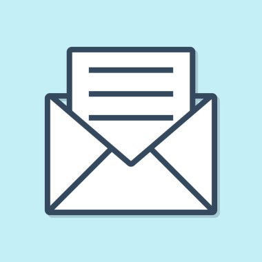 Mavi renkli Zarf, mavi arkaplanda izole edilmiş bir davet kartı simgesi. Vektör İllüstrasyonu