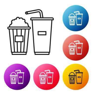 Karton kutuda siyah çizgi patlamış mısır ve beyaz arka planda izole edilmiş saman ve su ikonu içen kağıt bardak. Soda bardağı. Renkli daire düğmelerini ayarlayın. Vektör İllüstrasyonu