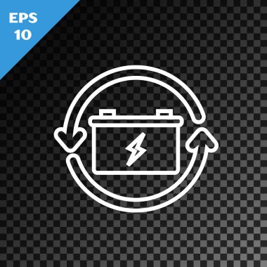 Geri dönüşüm sembolü simgesine sahip beyaz çizgi pili şeffaf koyu arkaplanda izole edilmiş. Geri dönüşüm sembollü pil - yenilenebilir enerji konsepti. Vektör İllüstrasyonu