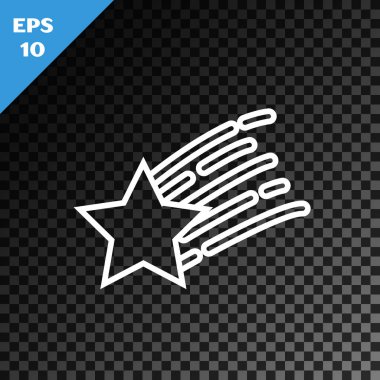 Beyaz çizgi düşen yıldız simgesi, şeffaf karanlık arka planda izole edildi. Yıldız izi ile kayan yıldız. Göktaşı, göktaşı, kuyruklu yıldız, asteroid, yıldız ikonu. Vektör İllüstrasyonu