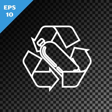 Beyaz çizgi geri dönüşüm plastik şişe simgesi şeffaf karanlık arka planda izole. Vektör İllüstrasyonu