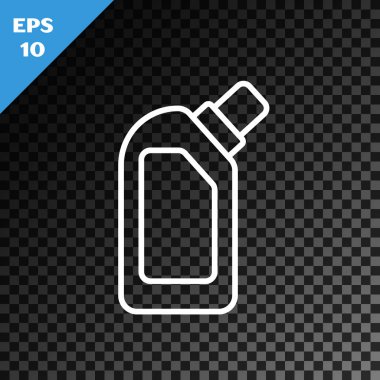 White line Plastic bottle for liquid laundry detergent, bleach, dishwashing liquid or another cleaning agent icon isolated on transparent dark background.  Vector Illustration