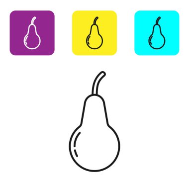 Siyah çizgi Armut simgesi beyaz arka plan üzerinde izole. Yaprak sembolü olan meyve. Simgeleri renkli kare düğmeleri ayarlayın. Vektör İllüstrasyonu