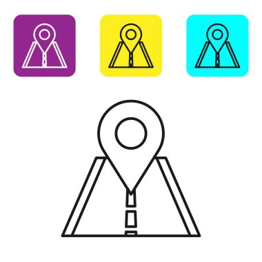 Siyah çizgi trafik levhası. Beyaz arkaplanda sinyal simgesi izole edildi. İşaretçi sembolü. İzole sokak bilgi levhası. Yön tabelası. Renkli kare düğmeleri ayarlayın. Vektör İllüstrasyonu