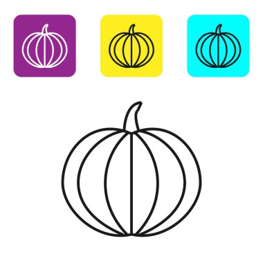 Beyaz arkaplanda siyah çizgi balkabağı simgesi izole edildi. Mutlu Cadılar Bayramı Partisi. Renkli kare düğmeleri ayarlayın. Vektör İllüstrasyonu