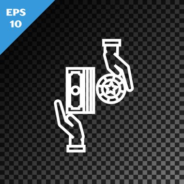 Beyaz çizgi kumarhane çipleri, saydam karanlık arka planda izole edilmiş dolar desteleri üzerinde değiş tokuş yapıyor. Vektör İllüstrasyonu